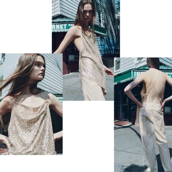 Zara beige sequin asymmetrical spaghetti strap open back blouse top M NWOT sexy - Picture 3 of 11